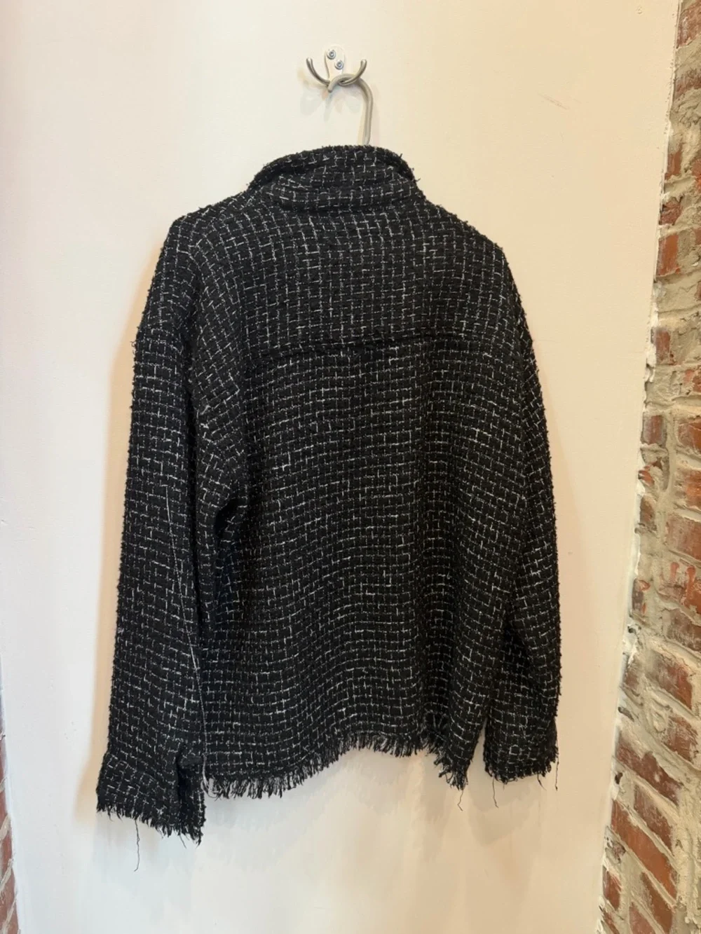 Forever 21 Men Black Tweed Frayed-Hem Blazer Jacket Large